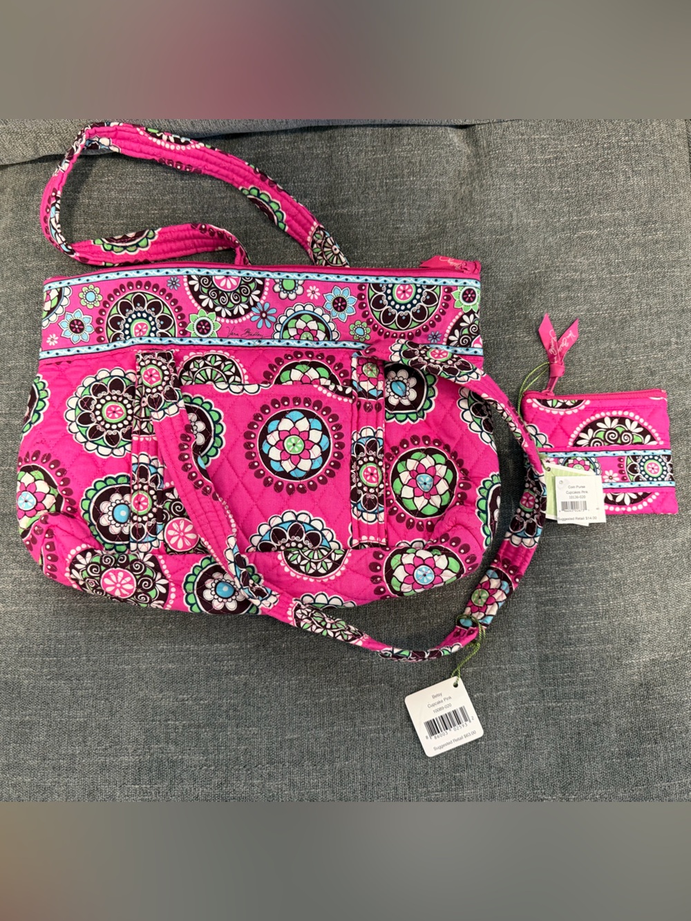BUNDLE: Vera Bradley Hot Pink Quilted Floral Shoulder Bag and Chain wallet